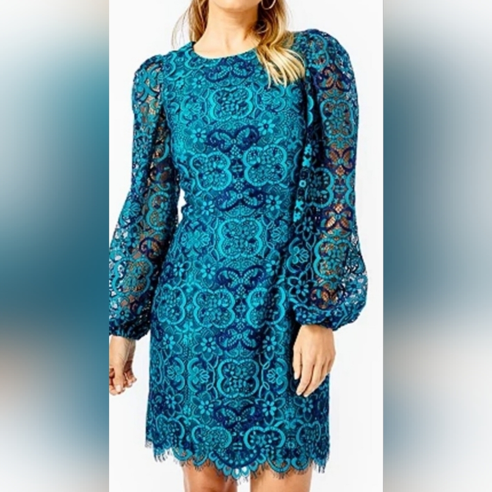 Lilly Pulitzer Women dress size 16 Lace Color Valencia Teal Zipper Long Sleeve
